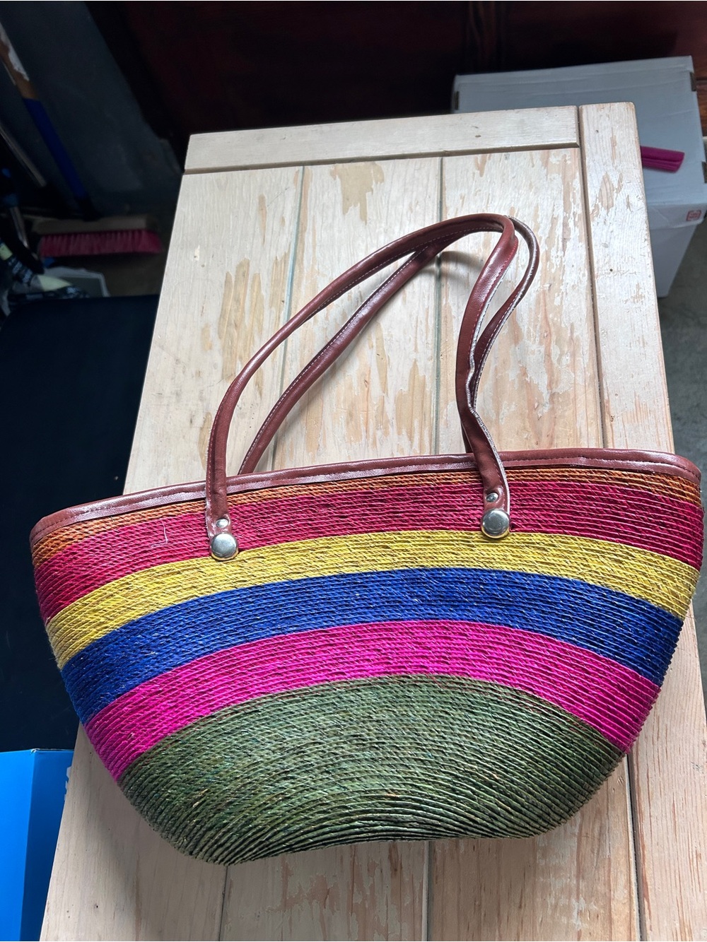 Colorful Multistripe Straw Tote Bag with Brown Handles